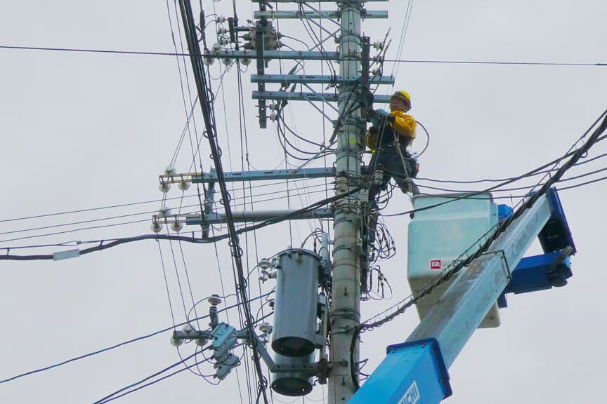 スタッフが電柱に登って作業をしている写真